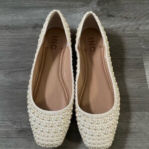 INC International Concepts Women's Pearl Embellished Cream Flats